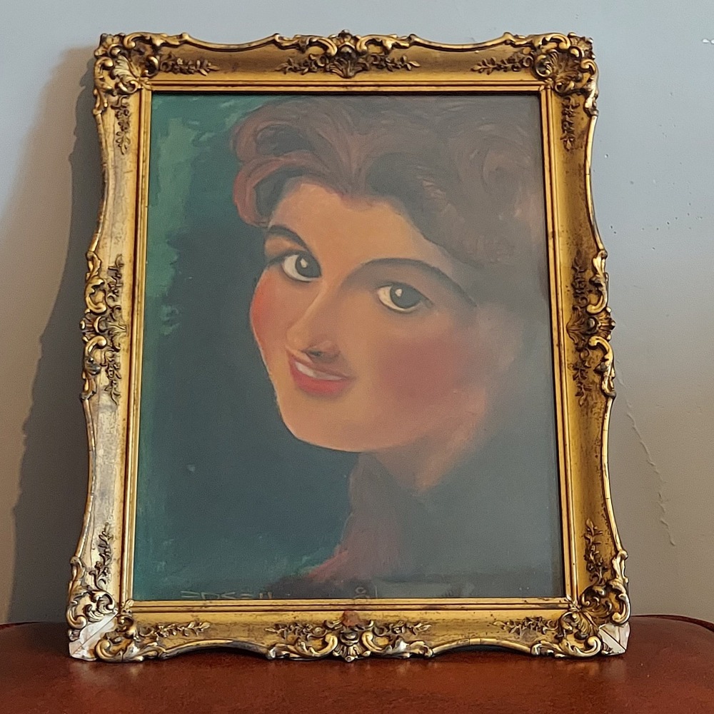 Vintage Edsell '80 Signed Oil Portrait Woman Auburn Hair Ornate Gold Gilt Frame